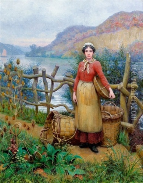 Junge Frau Mit Korben Am Flussufer Oil Painting - Jean A. Langrand