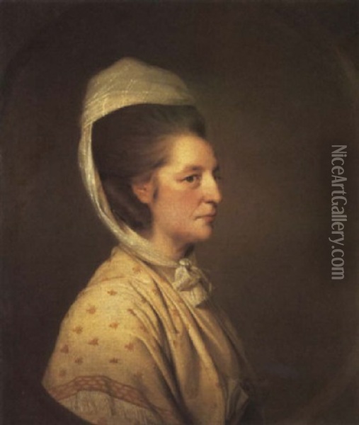 Portrait Of A Lady In A Cream Coloured Gold Embroidered Shawl And White Headdress Oil Painting - John Hamilton Mortimer