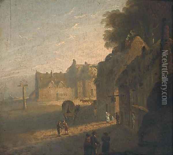 Early morning activity in a small English town Oil Painting - English School
