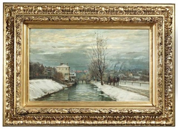 Winterlicher Kanal In Einer Stadt Mit Spaziergangern Und Pferdefuhrwerk Wahrend Der Abenddammerung Oil Painting - Anders Andersen-Lundby