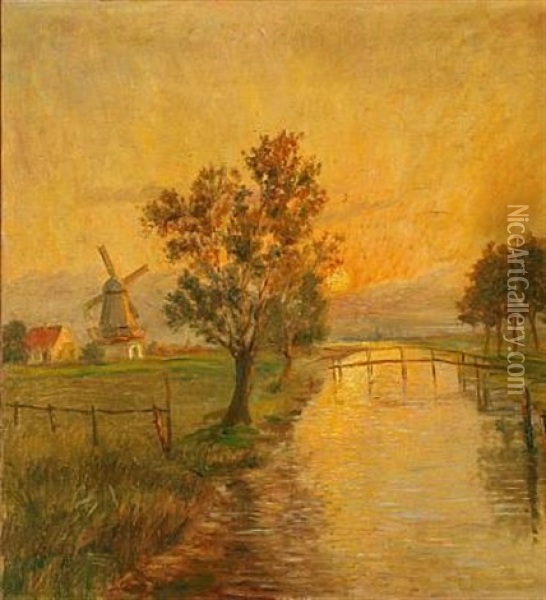 Landscape With A Stream And A Windmill In The Evening Sun Oil Painting - Poul Friis Nybo