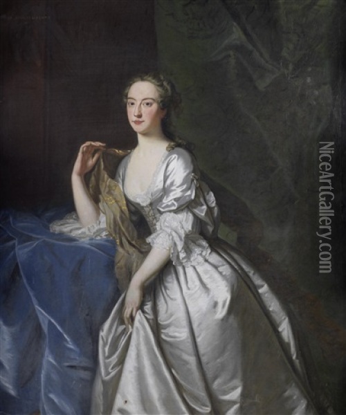 Portrait Of A Lady, Said To Be Anna, Countess Temple (1709-1777), In A White Silk Dress Oil Painting - Thomas Hudson