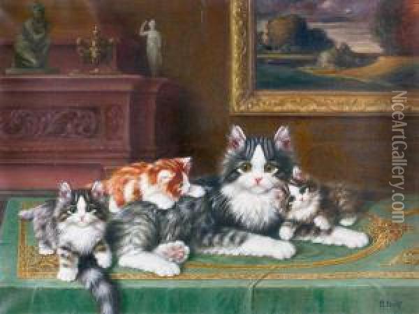 Interieur Mit Katzenmutter Und Drei Jungen. Oil Painting - Burkhard Katzen-Flury