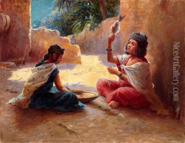 Femmes Du Sud Algerien Oil Painting - Alexis Auguste Delahogue