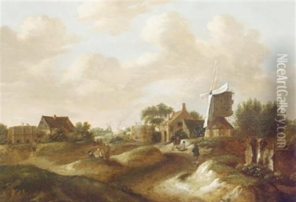 A Country Village With A Windmill And Travellers On A Path Oil Painting - Nicolaes Molenaer