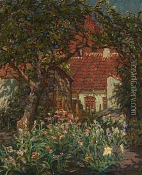 A Flowering Garden At Klosteralleen In Ribe Oil Painting - Hilmar Riberholt