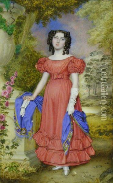 Portrait Of A Young Lady, Full Length, In A Red Dress, Standing By An Ornamental Urn In A Park Oil Painting - Walter Stephens Lethbridge