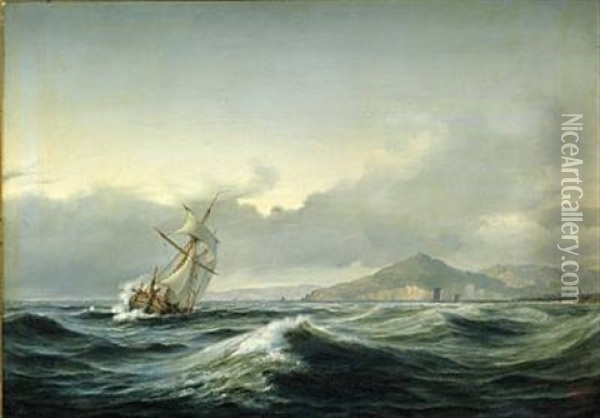 Seascape With A Sailing Ship In Rough Sea. In The Background A Rocky Coast Oil Painting - Daniel Hermann Anton Melbye