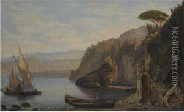 A Sailing Boat Moored Of The Amalfi Coast Oil Painting - Alfred Von Ernst