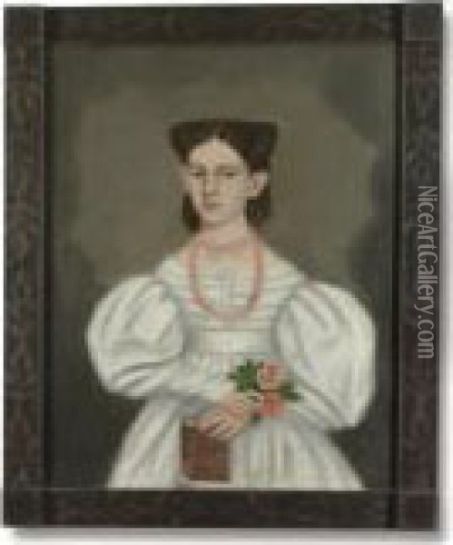 Portrait Of A Young Girl In White Dress With Roses And Book Oil Painting - Erastus Salisbury Field