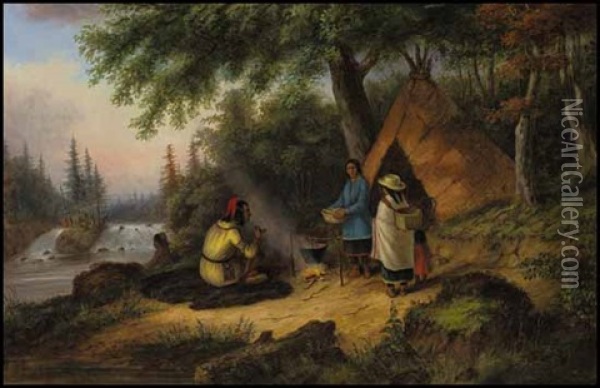 Indian Family Camp By A River Oil Painting - Cornelius David Krieghoff