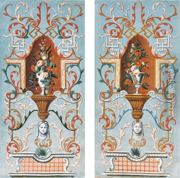 A Pair Arabesque Panels, Depicting Vases Of Flowers In Niches, Circa 1738 Oil Painting - Johann Friedrich Wentzel the Younger