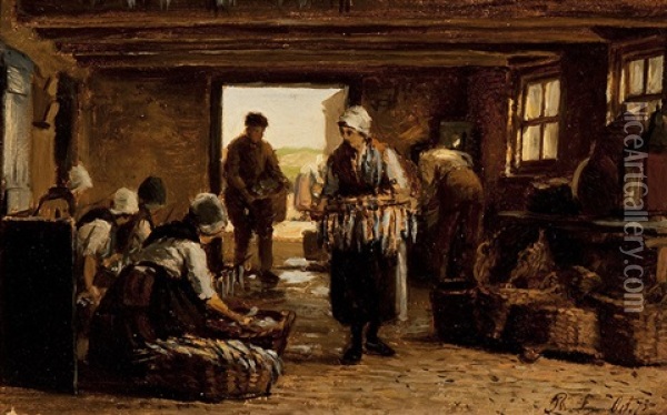 Fisher Women From Scheveningen In A Smoking Shed Oil Painting - Philip Lodewijk Jacob Frederik Sadee