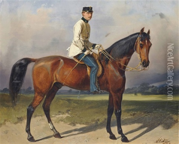 A Mounted Officer Of Austrian Dragoon Regiment Nr.5 Landgrafen Zu Furstenberg In Undress Uniform Oil Painting - Wilhelm M. Richter