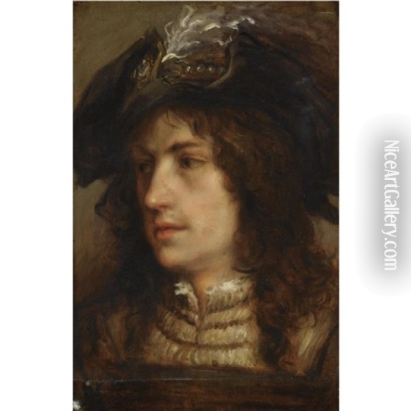 Portrait Of A Young Man With A Feathered Beret, Wearing A Brown Tunic And A White Chemise Oil Painting - Jan Cossiers