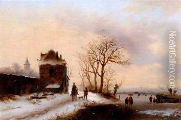Winter Scene With Skaters On A River Oil Painting - Alexis de Leeuw