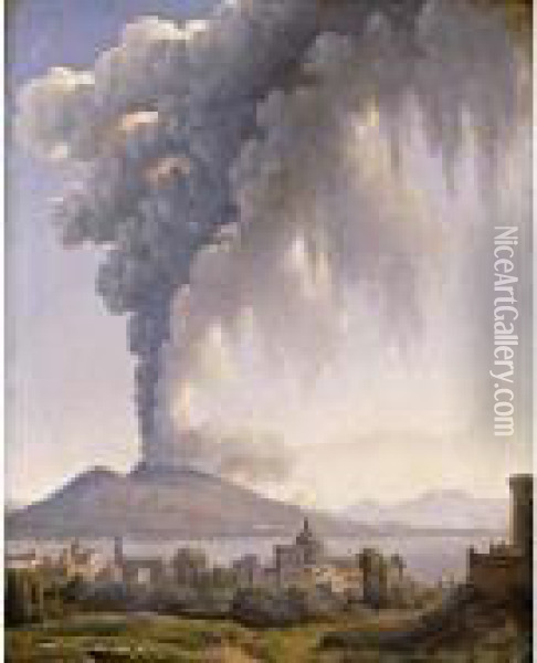 Bay Of Naples With Vesuvius Erupting Beyond Oil Painting - Alexandre-Hyacinthe Dunouy