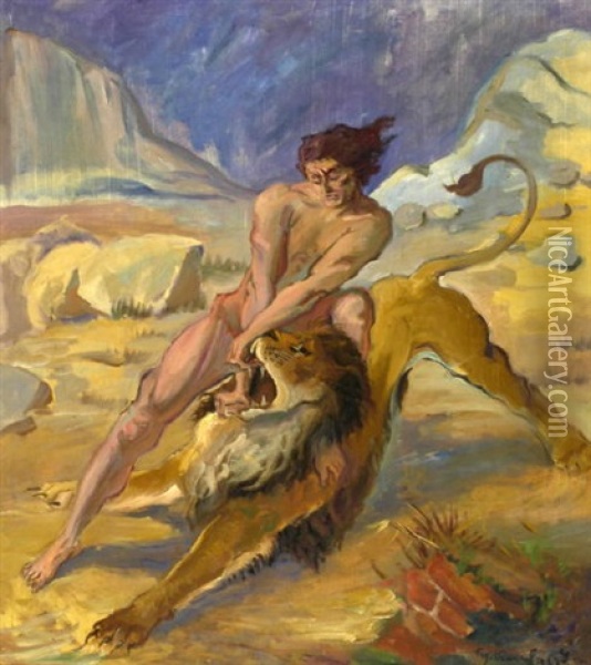 Der Lowenbandiger Oil Painting - Franz Reinhardt the Elder