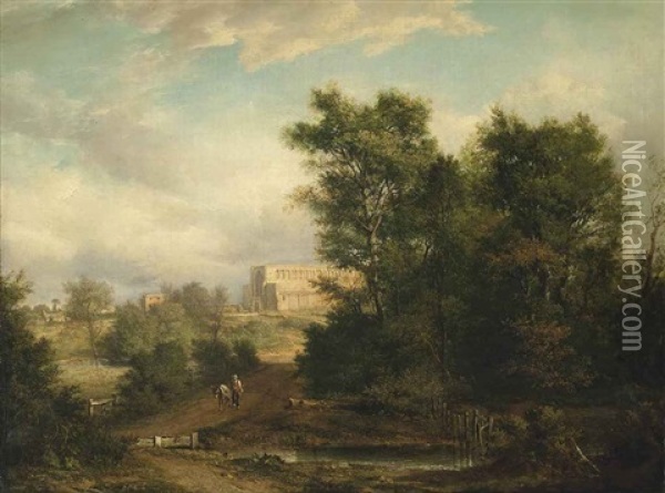 A Wooded River Landscape With A Traveller On A Track, St. Albans Abbey Beyond Oil Painting - Alexander Nasmyth