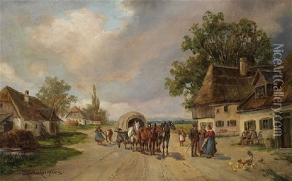 Pferdefuhrwerk Vor Bauernhausern Oil Painting - Ludwig Mueller-Cornelius