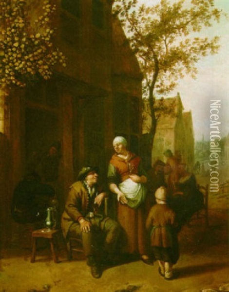 A Village Street With Peasants Drinking Outside An Inn Oil Painting - Gillis de Winter