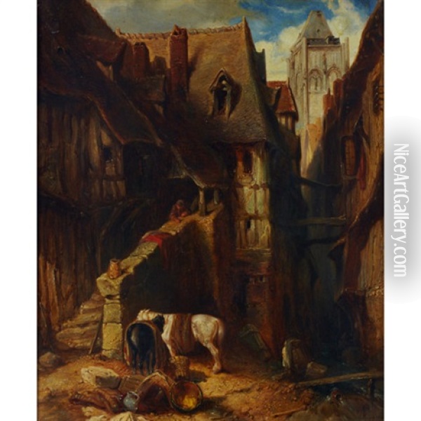 Town Scene With Rustic Watching Over His Horses Oil Painting - Louis-Gabriel-Eugene Isabey