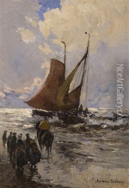 Fishermen On The Shore Oil Painting - German Grobe