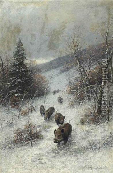 A Herd Of Boars Running Through The Woods In The Snow Oil Painting - Johann Jungblut