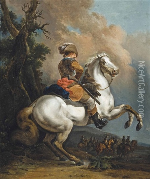 A Soldier In Armour, On A Rearing Horse In A Landscape, A Skirmish Beyond Oil Painting - Francesco Giuseppe Casanova
