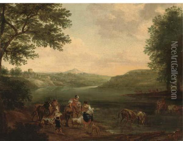 An Italianate Landscape With Peasants And Their Cattle Fording Ariver Oil Painting - Nicolaes Berchem