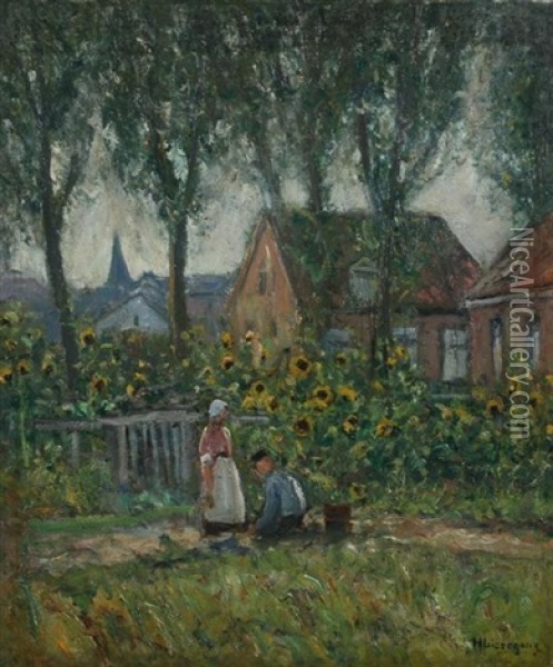 Village Scene With Sunflowers Oil Painting - Helmuth Liesegang