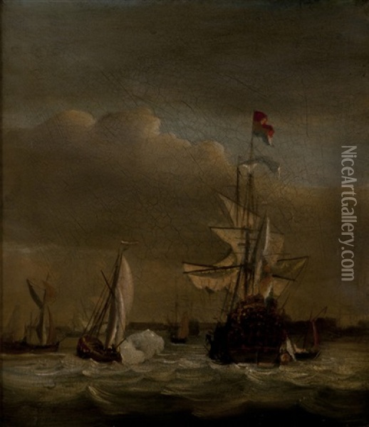 A Dutch Man-o'-war & Other Vessels In An Estuary - Bateaux Battant Pavillon Hollandais Dans Un Estuaire Oil Painting - Ludolf Backhuysen the Elder
