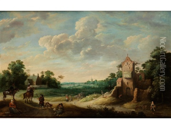 Blick In Eine Landschaft Mit Kirchenruine Und Staffagefiguren Oil Painting - Gillis (Egidius I) Peeters