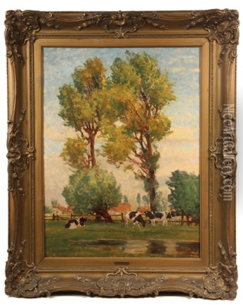 Cows In Pasture Time At Twin Trees Oil Painting - Karl Langhammer