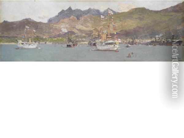 The Single-funnelled Torpedo Cruiser H.m.s. Cossack And The Three-funnelled Cruiser H.m.s. Highflyer Of The Royal Flotilla Lying In Port Louis, Mauritius Oil Painting - Edoardo de Martino