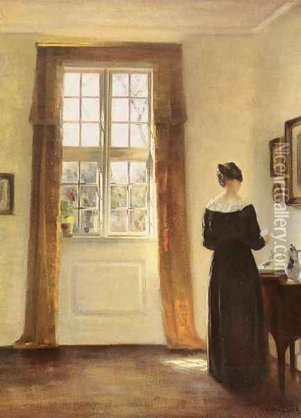 Woman In Interior Oil Painting - Carl Wilhelm Holsoe