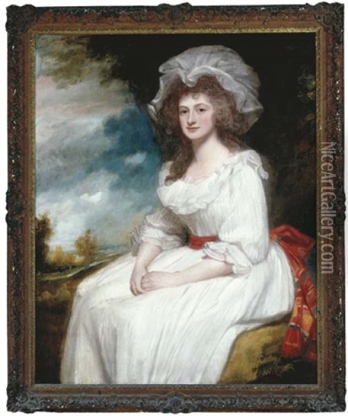Portrait Of Mrs. Anne Blackburn, Three-quarter Length, In A White Dress, A Landscape Beyond Oil Painting - George Romney