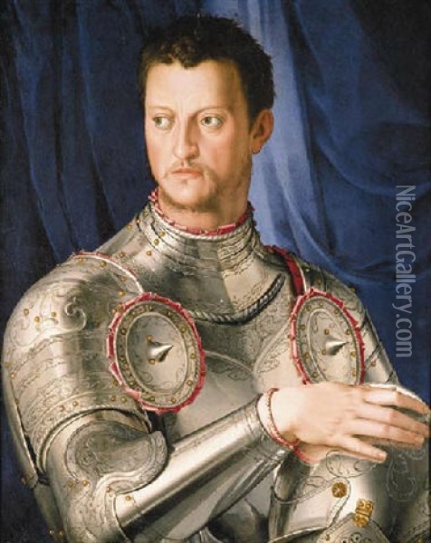 Portait Of Duke Cosimo I De' Medici In Full Armor, His Right Hand Resting On His Helmet Oil Painting -  Bronzino