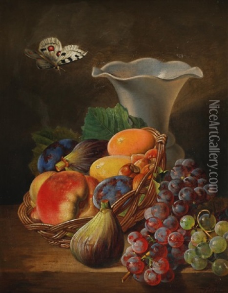 Fruchtestillleben Mit Vase Und Schmetterling Oil Painting - Ferdinand Kuess