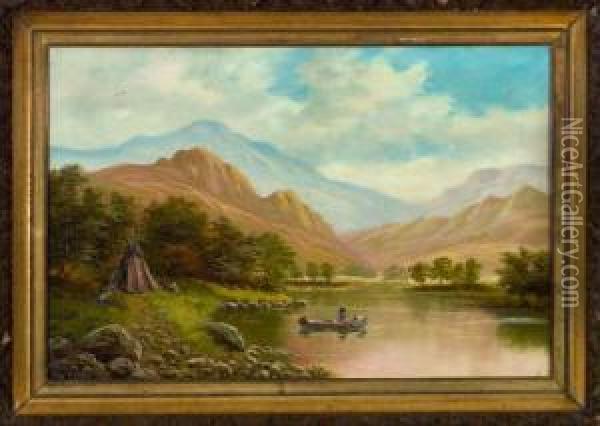 River Landscapewith American Indian Maidens Oil Painting - Olive Parker Black