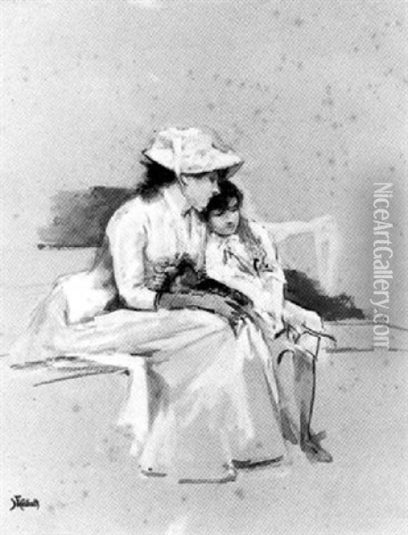Femme Et Enfant Assis Sur Un Banc Oil Painting - Ferdinand Heilbuth