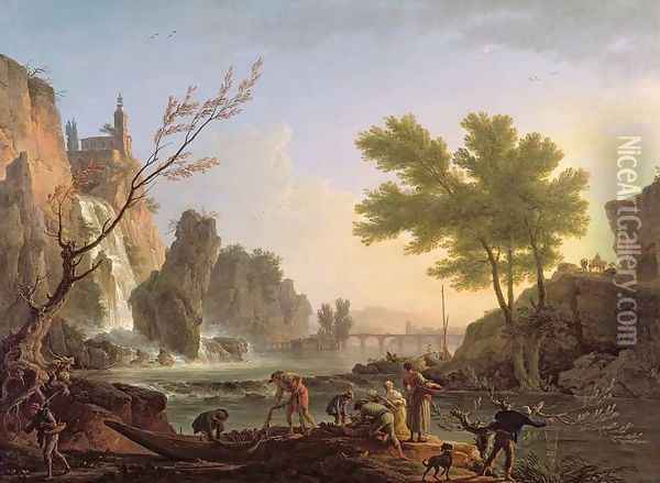 Fisherman in Landscape with cascade and bridge Oil Painting - Claude-joseph Vernet