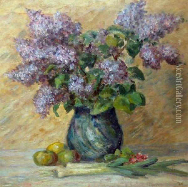 Still Life Study Of Lilac In A Vase Oil Painting - Hedvig Brandt
