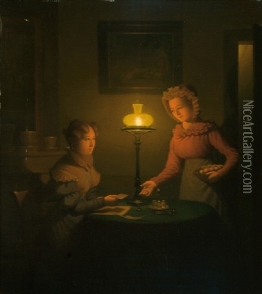 Lady And Servant Girl By The Light Of An Oil Lamp Oil Painting - Adrian Meulemans