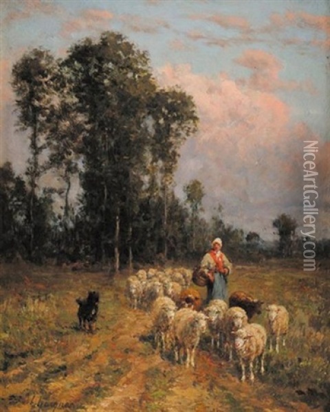 La Rentree Du Troupeau En Plaine De Barbizon Oil Painting - Jean Ferdinand Chaigneau
