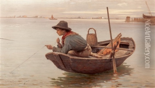 Little Boy Fishing Oil Painting - Antonio Paoletti di Giovanni