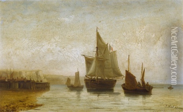 Franzosische Kustenpartie Mit Segelschiffen Oil Painting - Jules Achille Noel