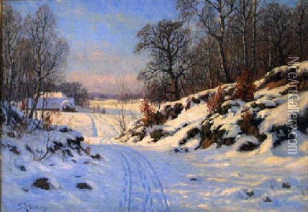 Gard Vid Billinge, Vintereftermiddag Oil Painting - Peter Adolf Persson