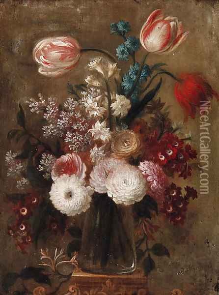 Tulips, carnations, narcissi and other flowers in a glass vase on a pedestal Oil Painting - Dutch School