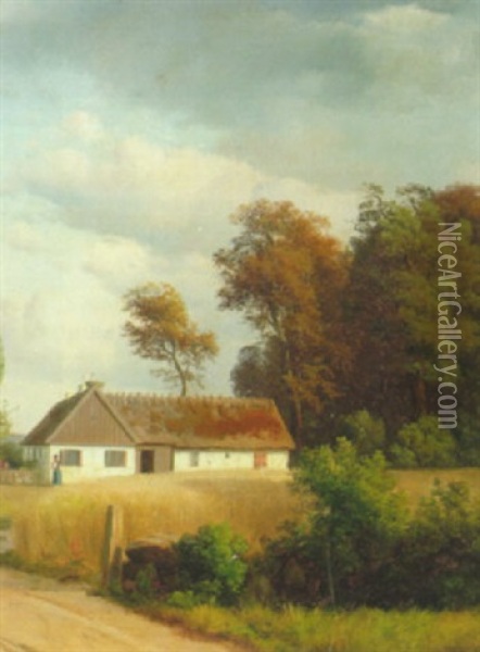 En Bondegard Ved Esrom, Med Storkepar Pa Taget Oil Painting - Nordahl (Peter Frederik N.) Grove